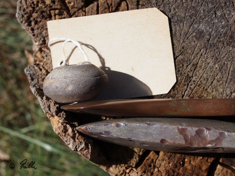 neolithic spindle whirl [width of tag 54mm]; copper axe (reproduction) and neolithic flint axe   © Falk 2019