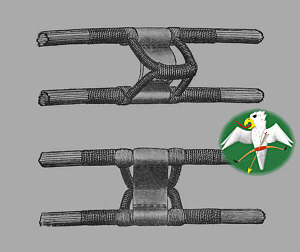 String of a pellet crossbow. The string separates in two parts close way from the loops by inbound bridges made of horn or bone. The marble, stone or pellet was set into the leather. With the loop behind it going into the nut, it would have been pinched and hold firmly in place. Drawing slightly altered after Payne-Gallwey (1903).   © Falk 2008