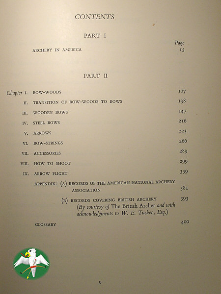 The Table of Contents gives only a 'hint' of what all can be found in this magnificent Book! But notice that Bowmaking, Bow-Physics and all related Aspects theroff cover a very good Part of it – despite it's Titel. I rate the outstanding work of late Dr. Robert Elmer as one of maybe five all-time-Classics, ever written on the Subject of Archery!   © Falk 2007